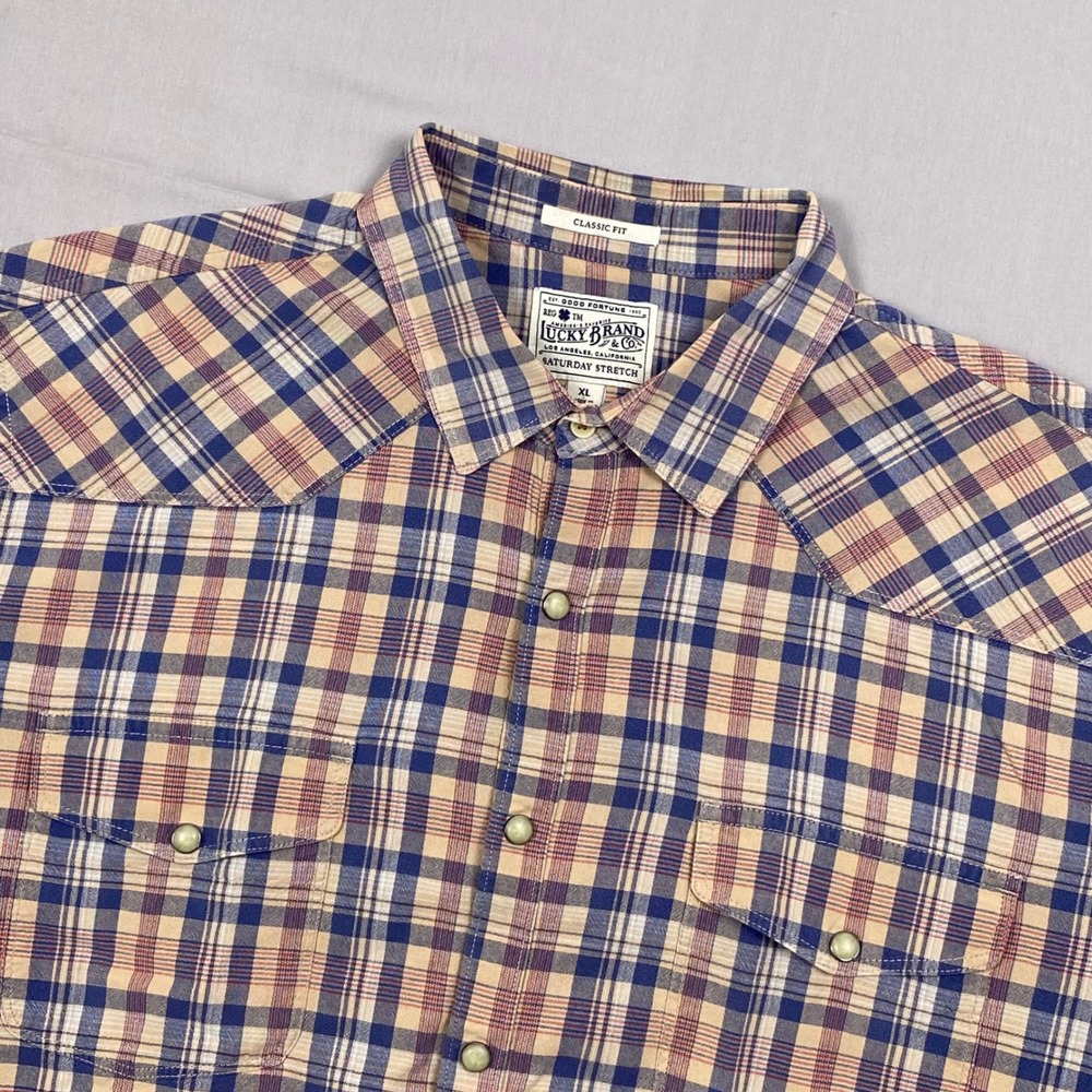 Lucky Brand Saturday Stretch Western Shirt Mens XL Blue Tan Plaid Pearl Snap EUC